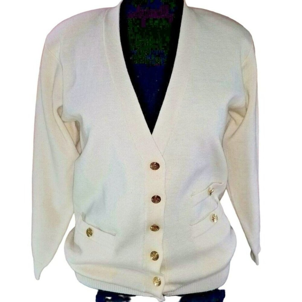 Vtg Talbots Off White Cardigan Sweater Small 100% wool vneck metal buttons